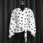 Women's White Polka Dot Wrap Top with Puff Sleeves