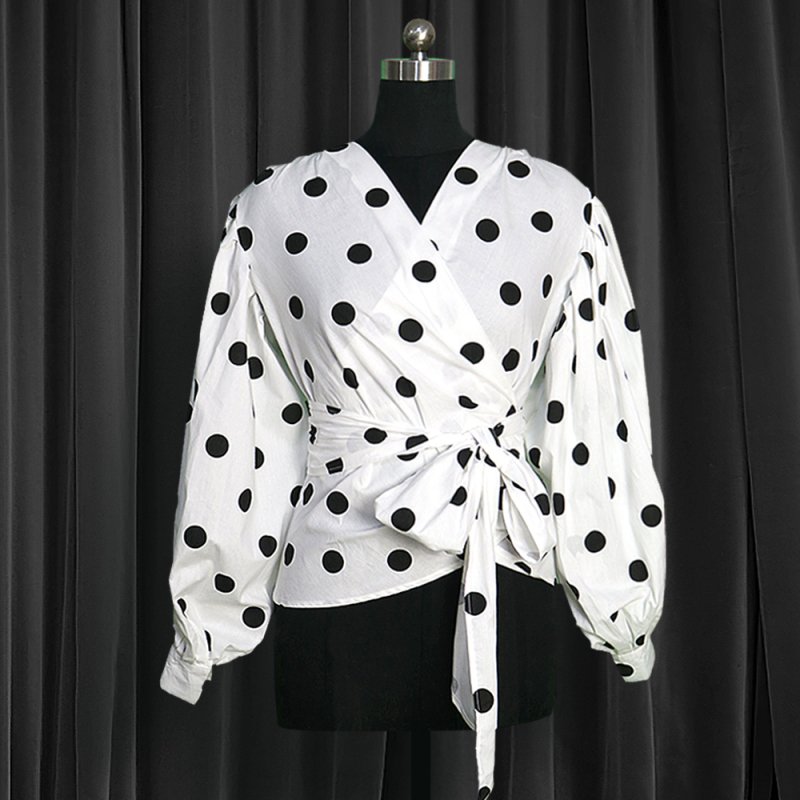 Women's White Polka Dot Wrap Top with Puff Sleeves