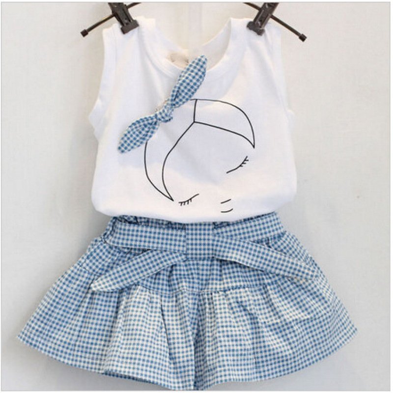 Girls’ Sleeveless Top & Skirt Set – White & Blue Checks
