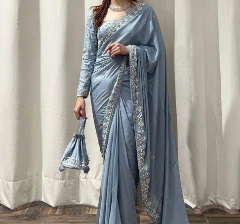 Pastel Blue Embroidered Georgette Saree Set