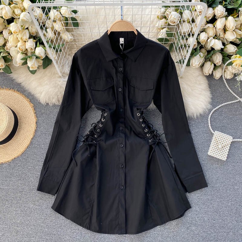 Women's Black Corset-Style Button-Down Shirt Dress