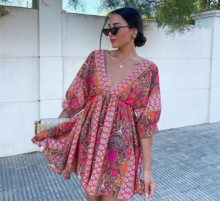 Boho Chic Printed Kaftan Mini Dress