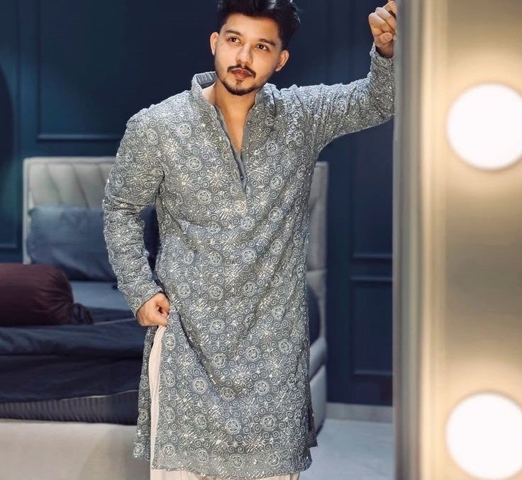 Men’s Printed Cotton Kurta – Grey & White