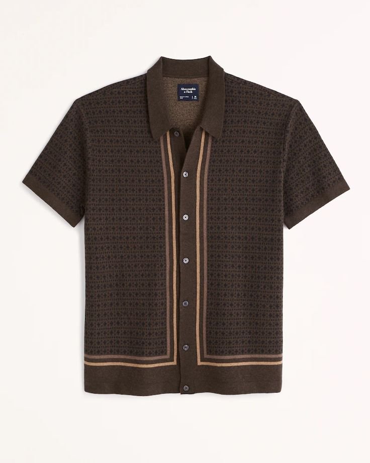 Brown Geometric Knit Button-Up Shirt