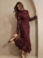 Burgundy Floral Lace High-Neck Midi Dress