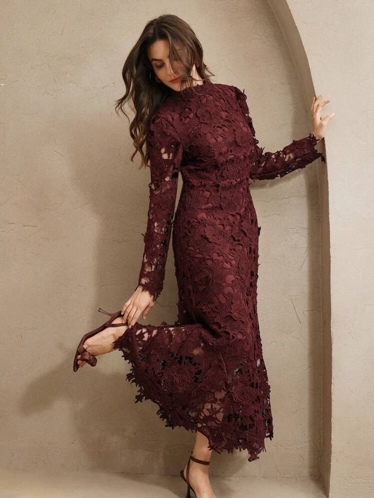 Burgundy Floral Lace High-Neck Midi Dress