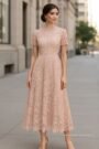Blush Pink High-Neck Lace Midi Dress