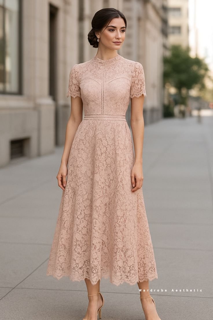 Blush Pink High-Neck Lace Midi Dress