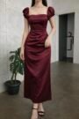 wine stain puff sleeve maxi dress