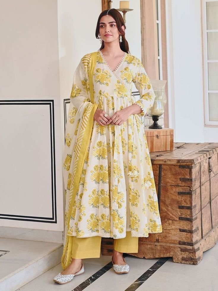 Mustard Yellow Floral Printed Anarkali Kurta Set