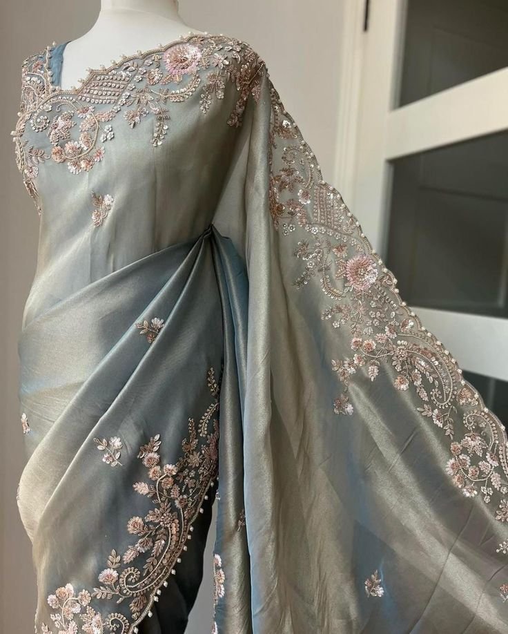 Grey Organza Embroidered Saree