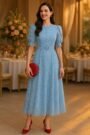 Powder Blue Lace Belted Midi Dress