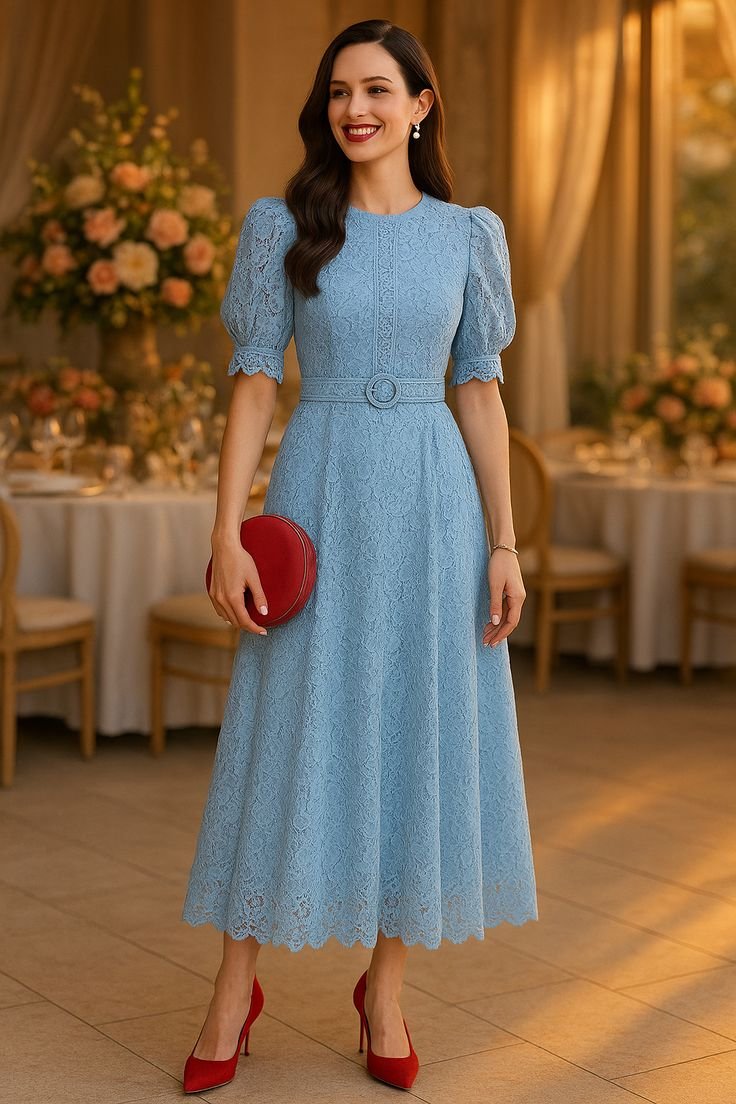 Powder Blue Lace Belted Midi Dress