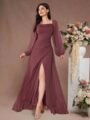 Mauve Chiffon Square-Neck Slit Maxi Dress