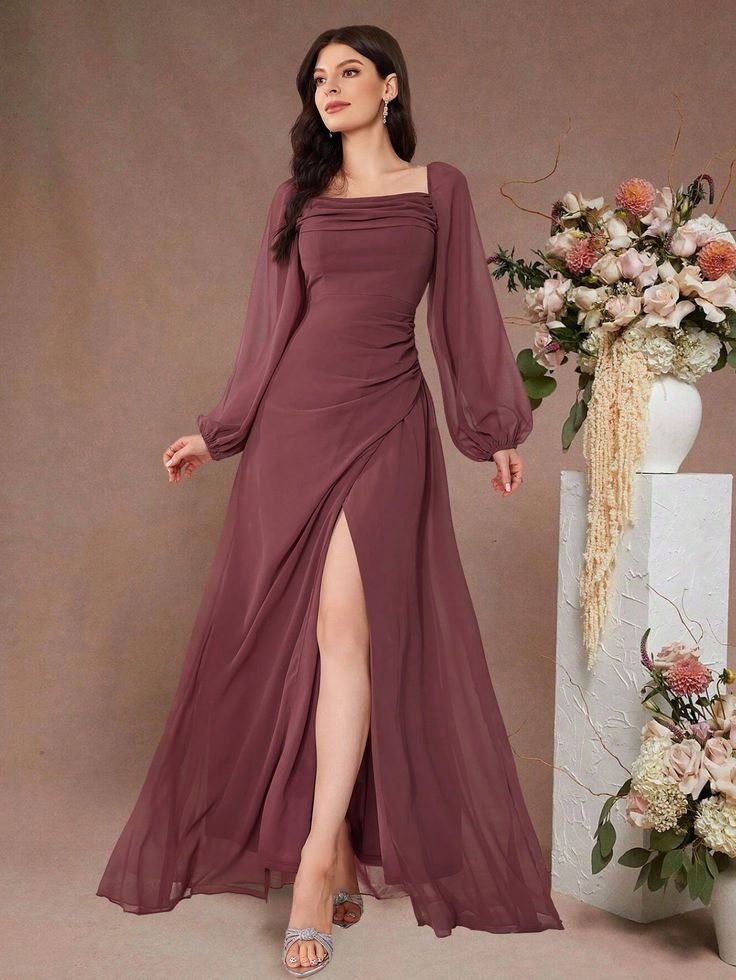 Mauve Chiffon Square-Neck Slit Maxi Dress