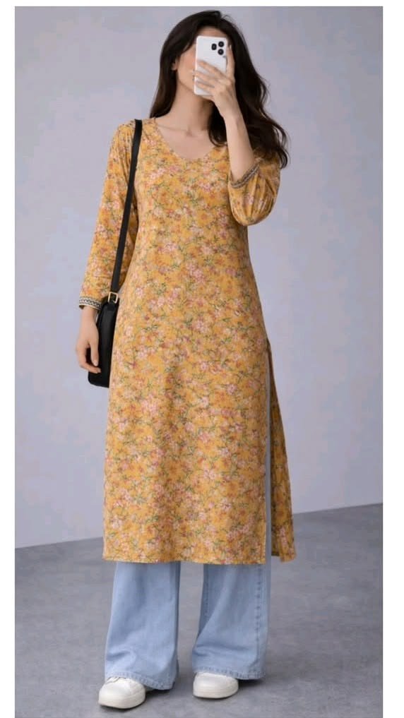 Mustard Yellow Floral Printed Kurti