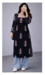Black Leaf Print Long Kurti