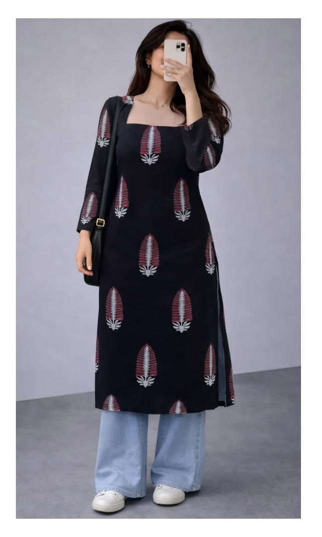 Black Leaf Print Long Kurti