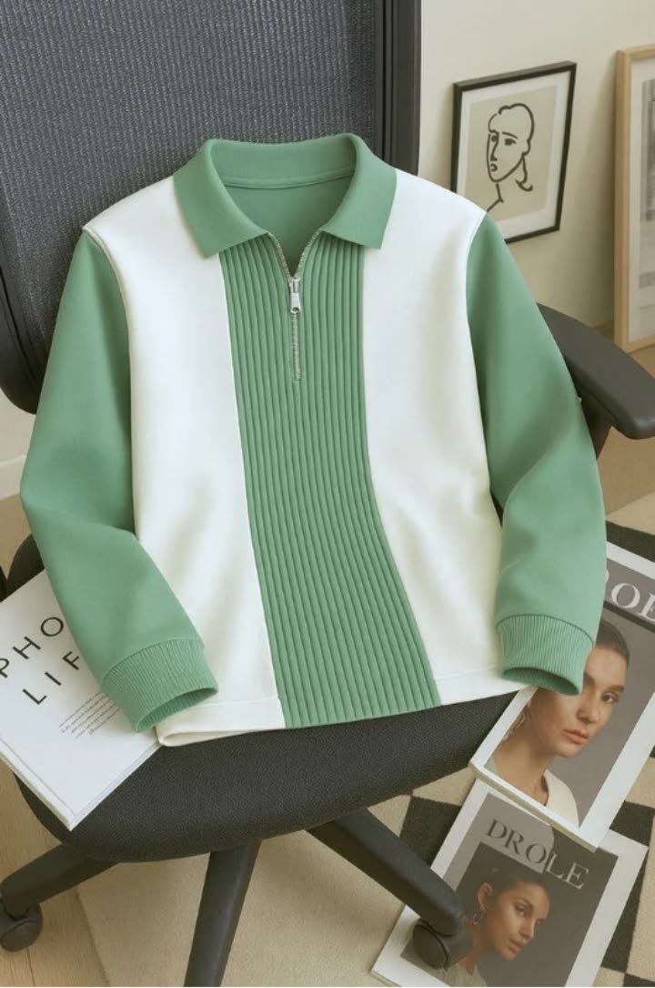 Mint Green and White Half-Zip Sweatshirt
