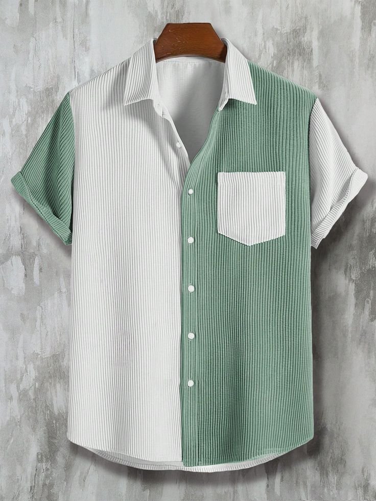 Green and White Colorblock Corduroy Shirt