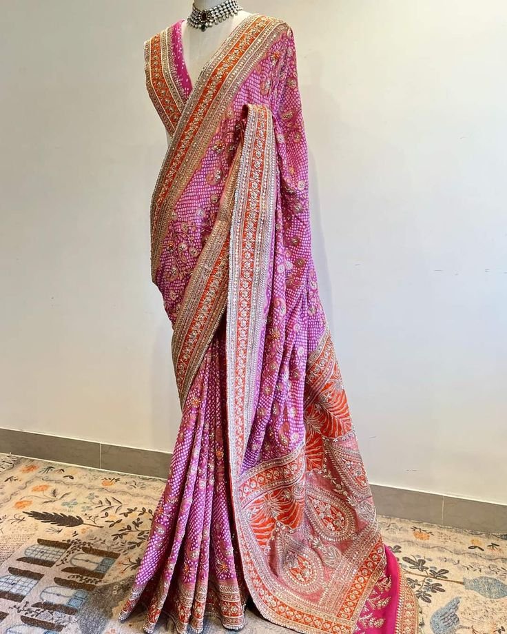 pink and Orange Bandhani Printed Silk Saree