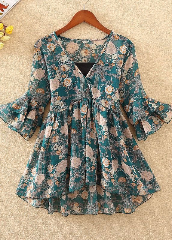 Teal Floral Flared Georgette Top