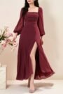 Wine Chiffon Square-Neck Slit Maxi Dress