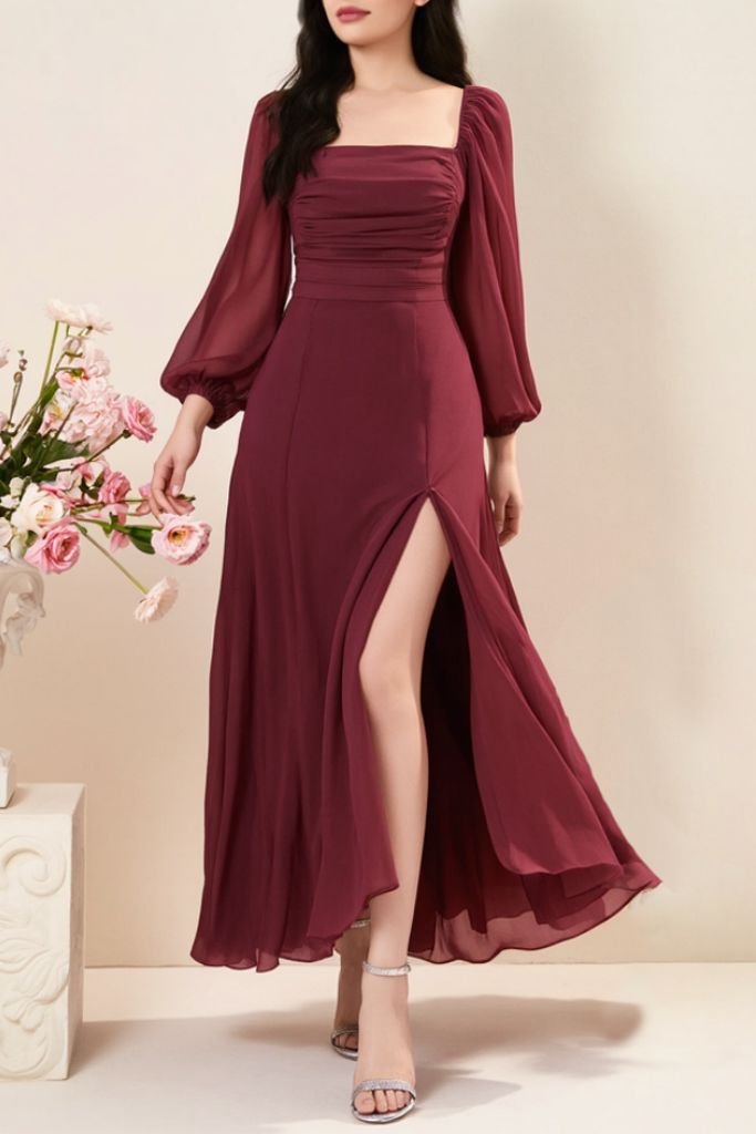 Wine Chiffon Square-Neck Slit Maxi Dress