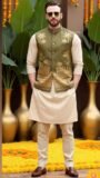 Beige Kurta Set with Olive Green Embroidered Nehru Jacket