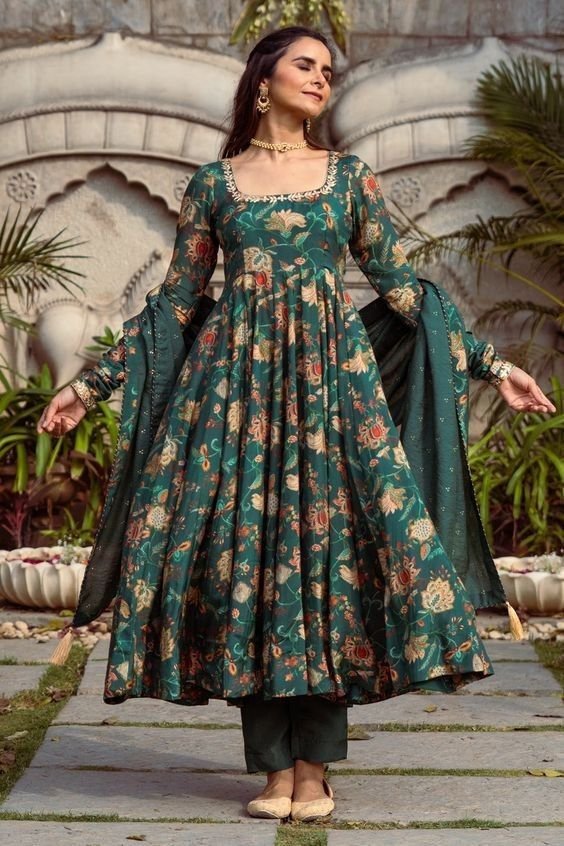 Dark Green Floral Printed Anarkali Kurta Set