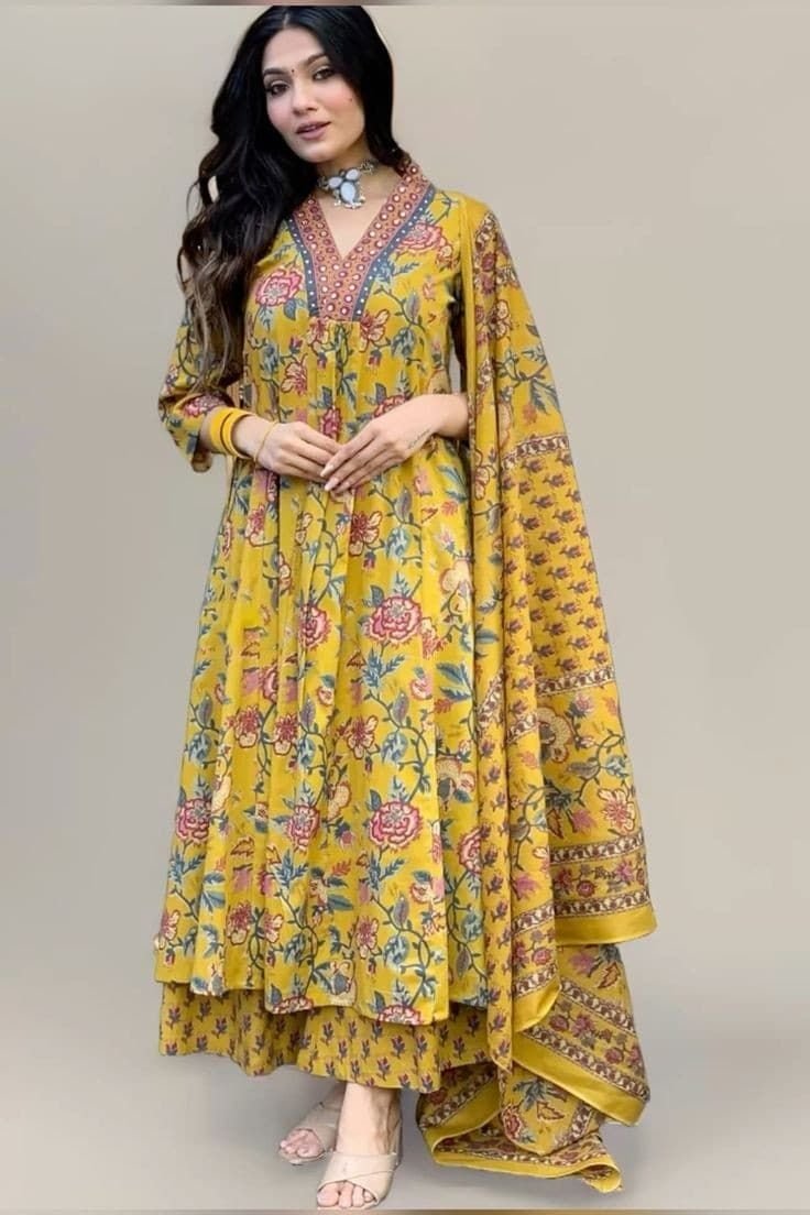 Mustard Yellow Floral Printed Anarkali Kurta Set