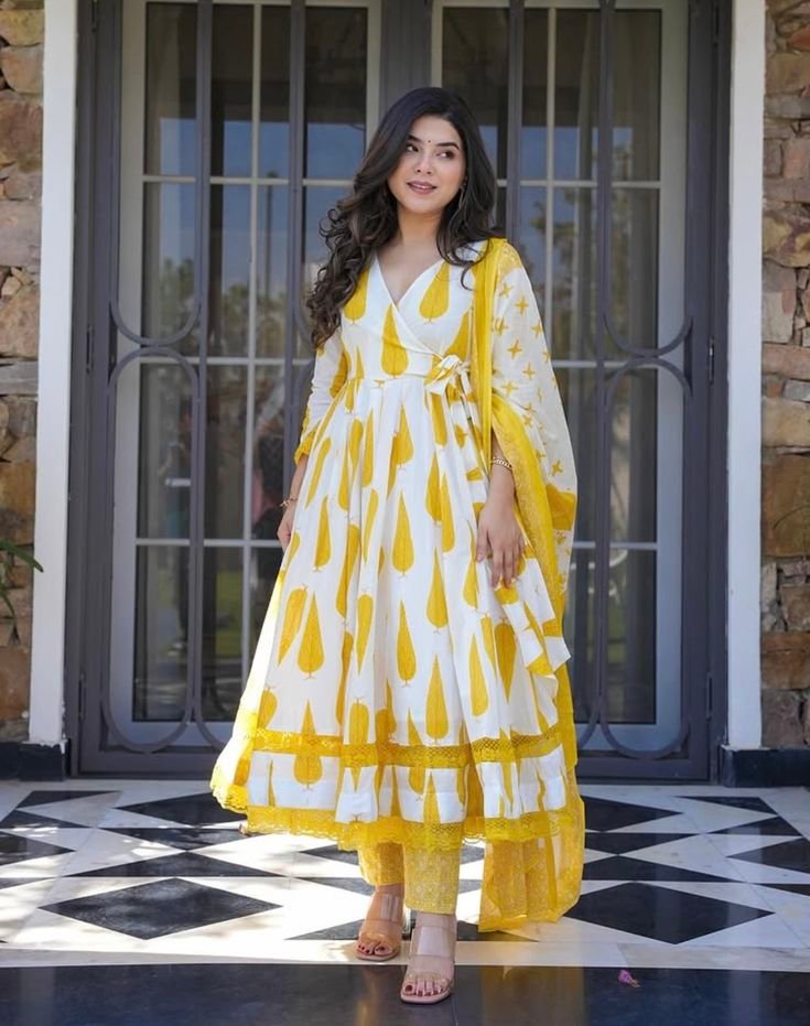 White & Yellow Printed Anarkali