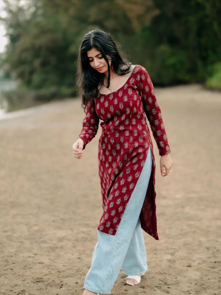 Maroon Block Printed Long Kurti