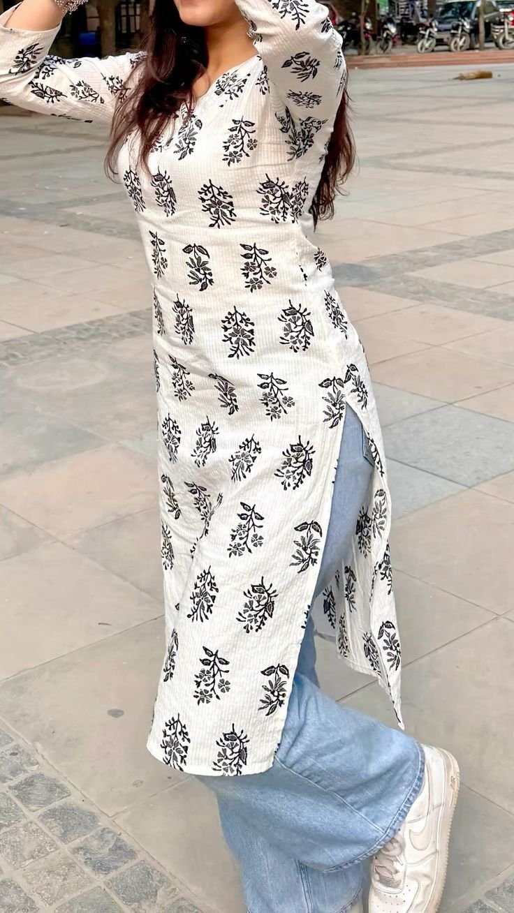 White and Black Floral Printed Cotton Kurti