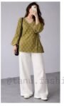 Olive Green Printed Wrap Top with White Wide-Leg Pants