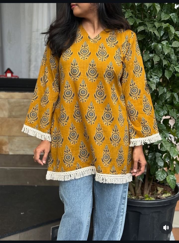 Mustard Yellow Block Printed Short Kurti