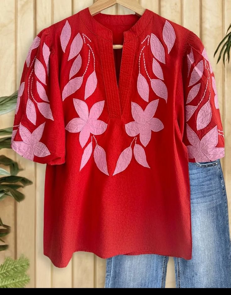 Red Floral Appliqué Cotton Top