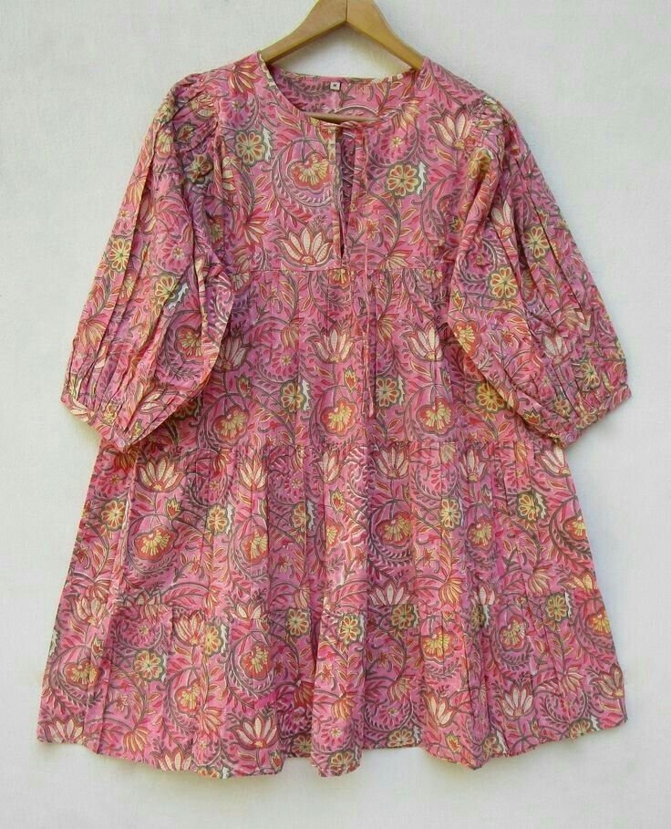 Pink Floral Hand Block Printed Cotton Dress