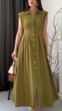 Olive Green Sleeveless Button-Down Maxi Dress