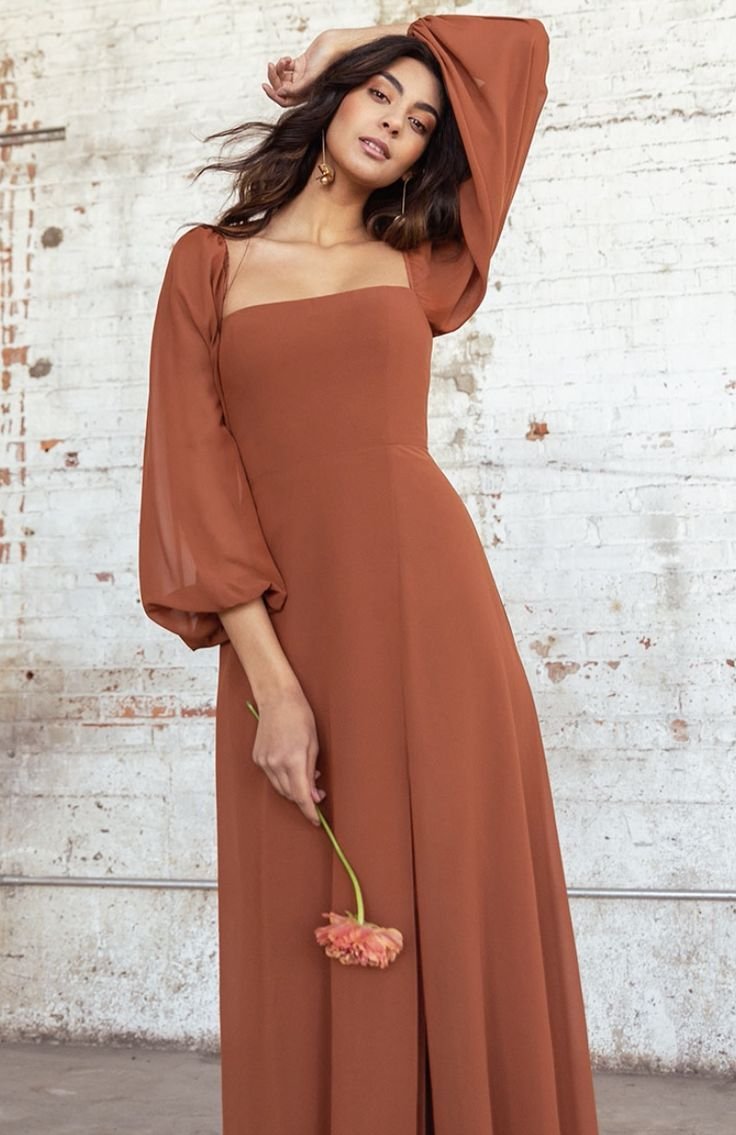Terracotta Square-Neck Flowy Maxi Dress