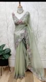 Sage Green Floral Embroidered Organza Saree
