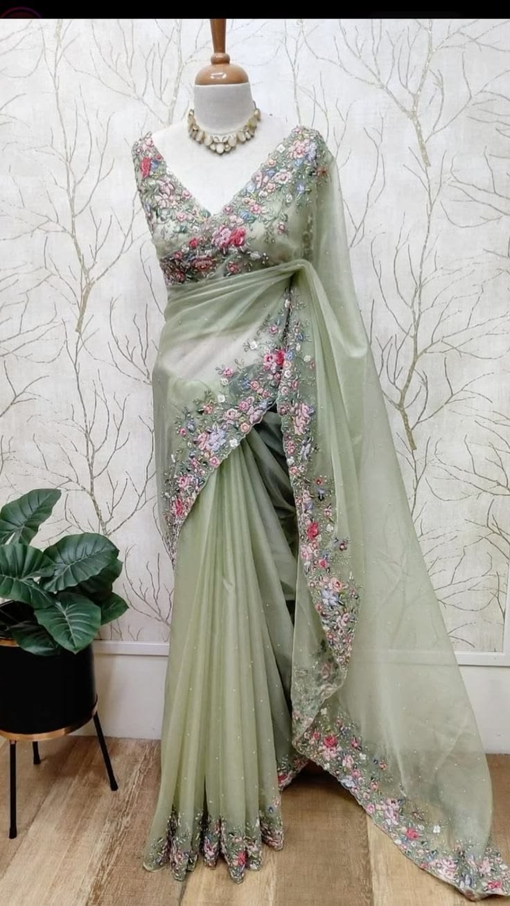 Sage Green Floral Embroidered Organza Saree