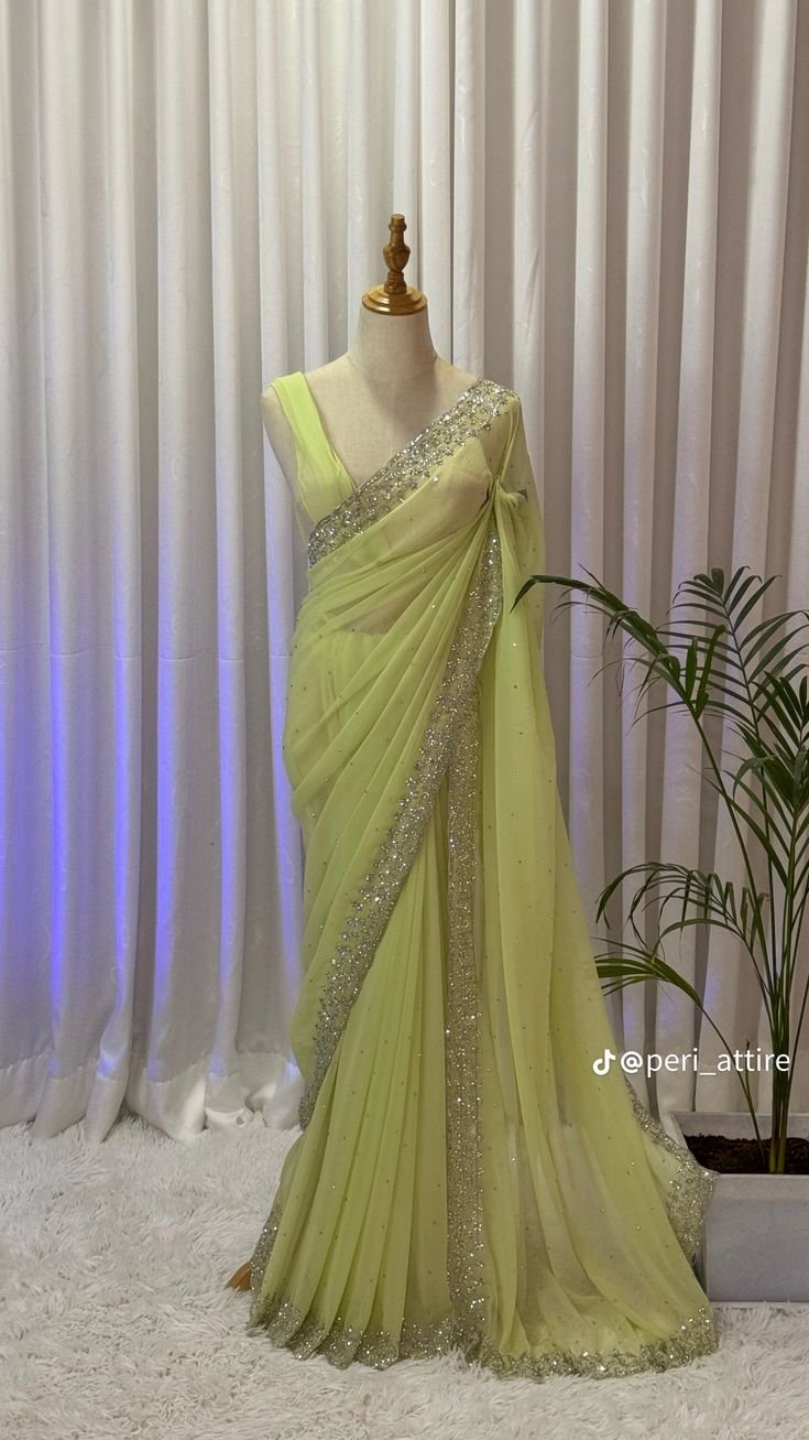 Lime Green Sequin Border Georgette Saree