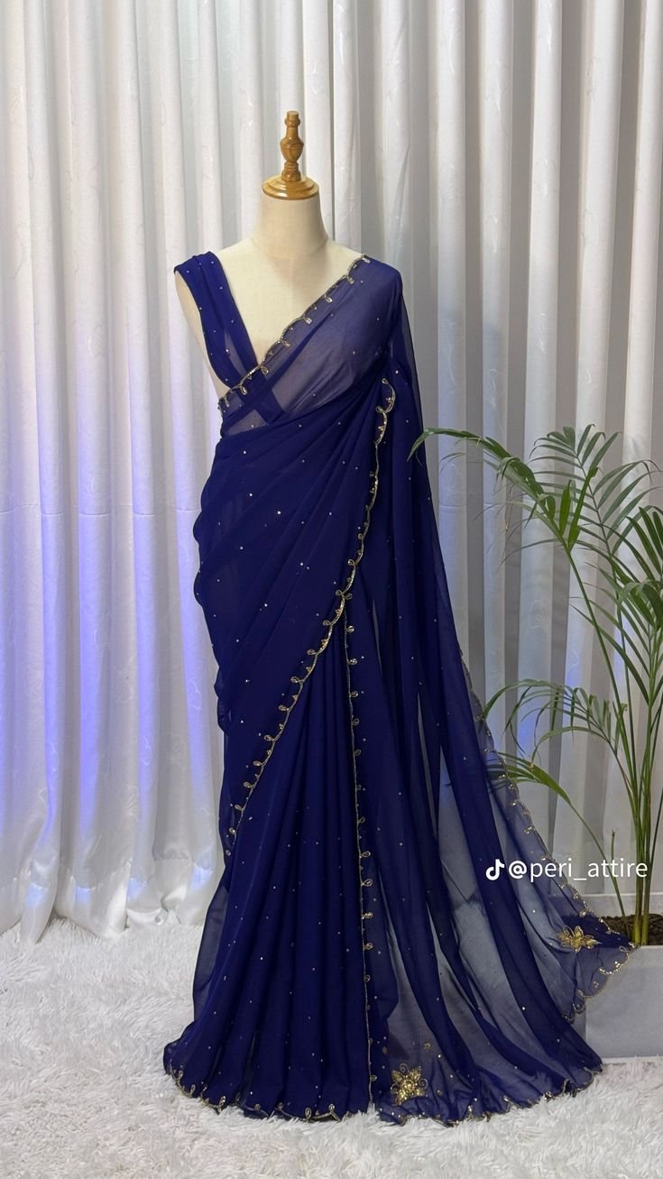 Navy Blue Georgette Sequin Saree