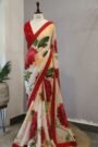 White and Red Floral Printed Organza Saree