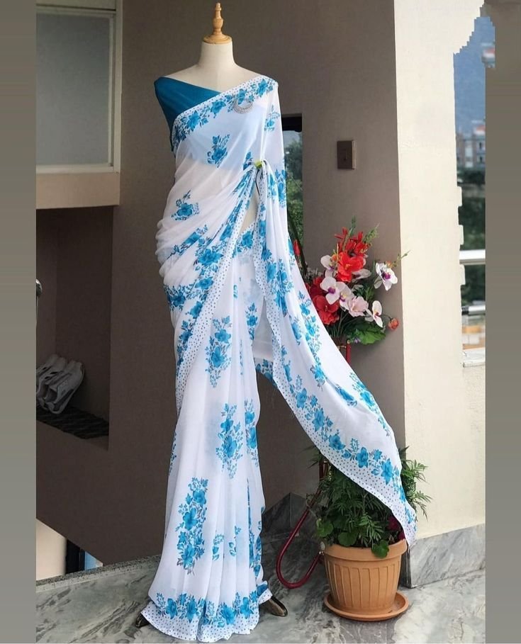 White and Blue Floral Printed Georgette Saree