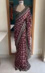 Maroon and Black Handblock Printed Cotton Saree