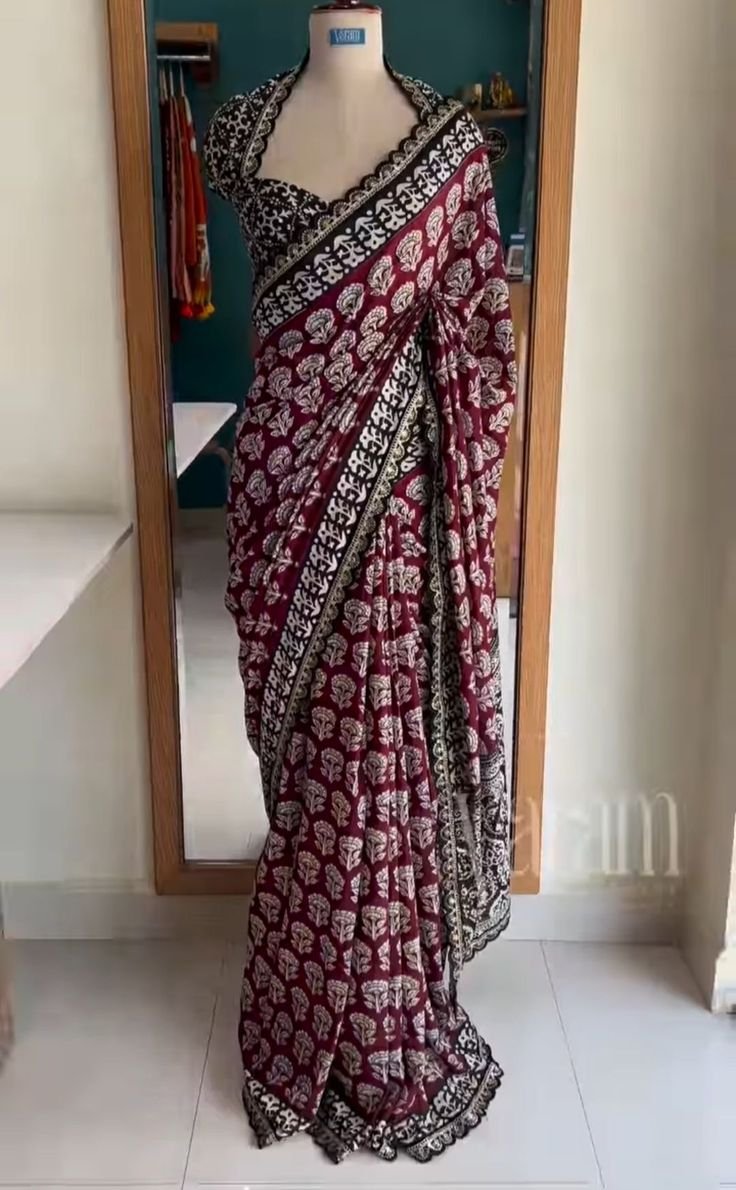 Maroon and Black Handblock Printed Cotton Saree
