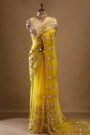 Mustard Yellow Floral Embroidered Net Saree