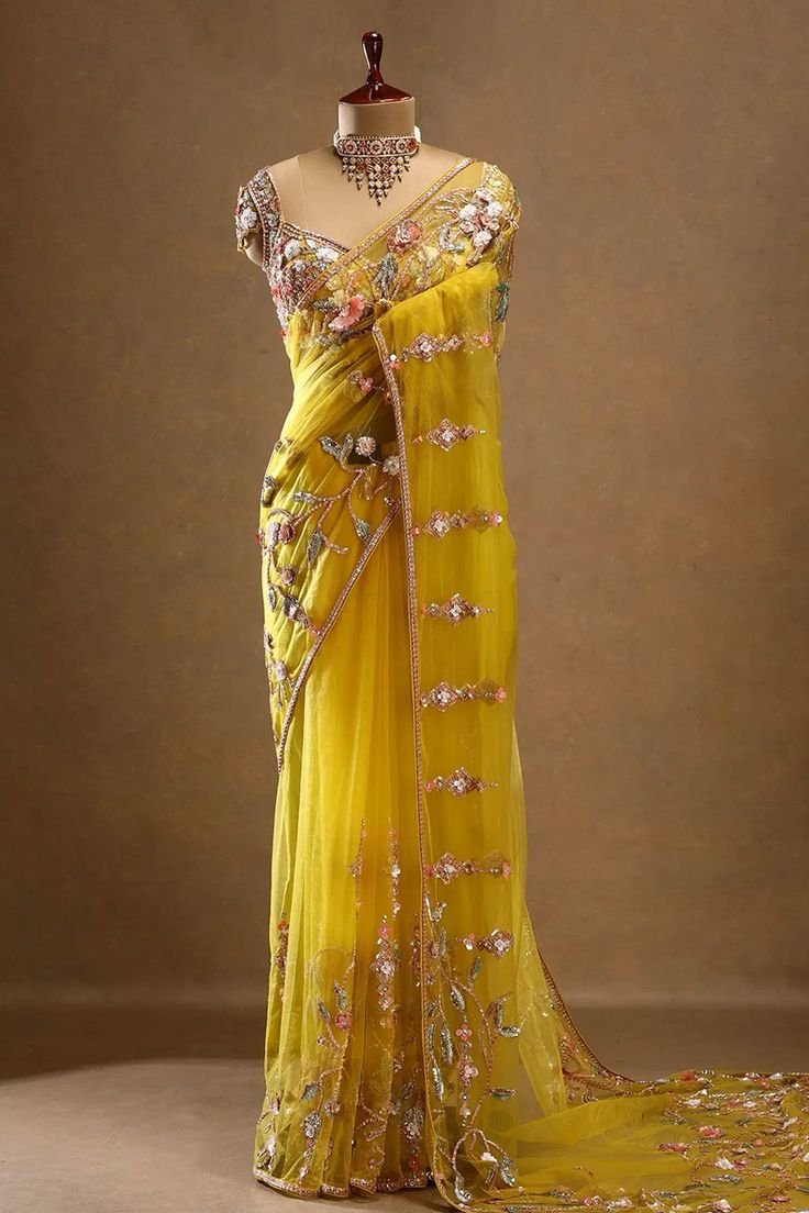 Mustard Yellow Floral Embroidered Net Saree